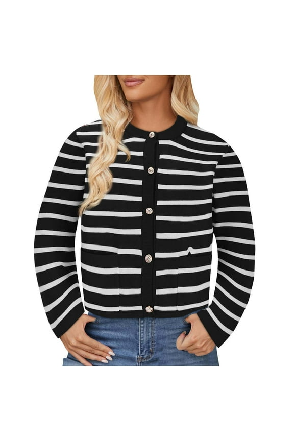 Winter Cardigan Coat Women's Casual Black White Striped Loose Cardigan Long Sleeved Round Neck Sweater Jacket Tops