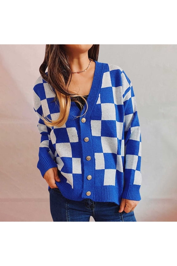 Winter Cardigan Coat Women's Loose Contrasting Casual Checkered Knitted Sweater Jacket