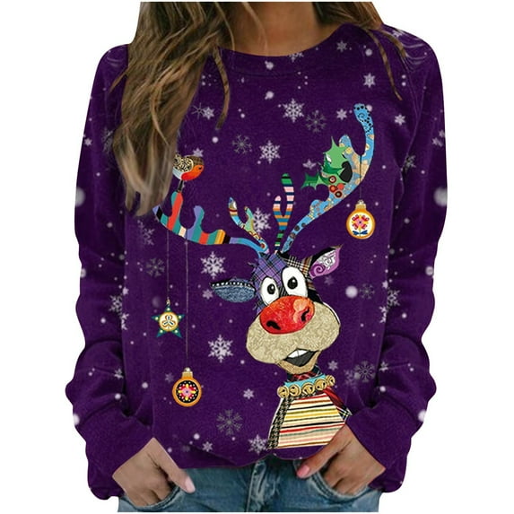 AOOCHASLIY Winter Clothes for Women Long Sleeve O-Neck Christmas Print Sweatshirt Casual Blouse Tops for Home Casual Work Play
