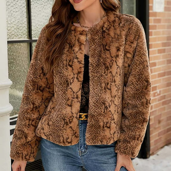 AOOCHASLIY Winter Coat~Clothes Women' s Faux Fur Coat Open Front Furry Coats Long Sleeve Parka Shaggy Jacket 2024 Winter Cardigan Outerwear with Leopard Print