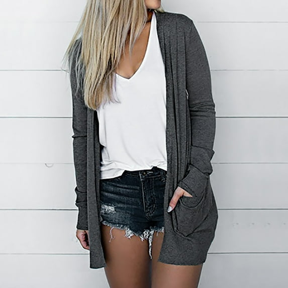 AOOCHASLIY Winter Coat Clothes Womens Ladies Solid Soft V-neck Cardigan Long Sleeve Coat Pockets Outerwear