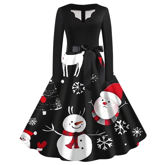 AOOCHASLIY Winter Womens Dresses Women Dress Long Sleeve Christmas Printed Furry V-Neck Draw Back Swing Dress