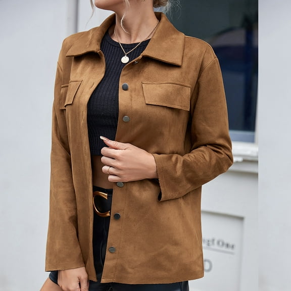 AOOCHASLIY Women 2023 Tops Clothes Women's Casual Long Sleeve Coat Hoodless Jacket Single-Breasted Fashionable Pocket Tops