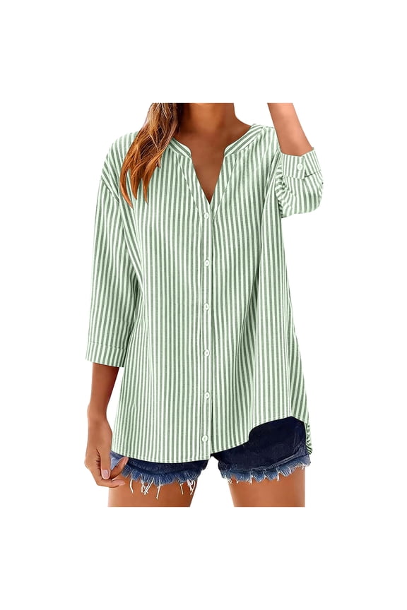 Women 2026 Summer Stripe Dolman Sleeve V Neck Oversize Shirt Tops Casual Button Up Short Sleeve Striped Blouse