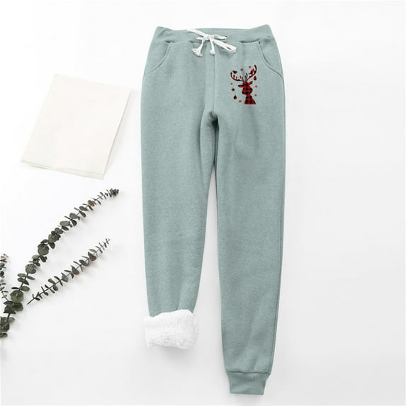 AOOCHASLIY Women Christmas Pants Women's Christmas Deer Print Leggings with Elastic Drawstring Pockets Thick Warm Pants