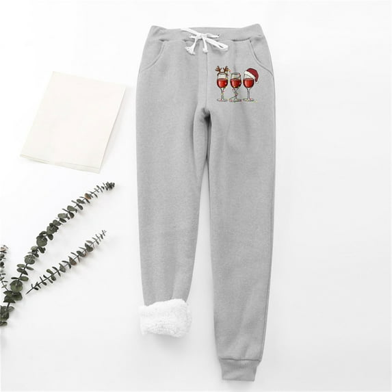 AOOCHASLIY Women Christmas Pants Women's Christmas Wine Glass Print Leggings with Elastic Drawstring Pockets Thick Warm Pants