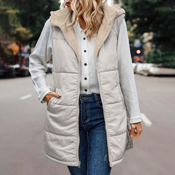 AOOCHASLIY Women Coat Clearance Women Winter Casual Loose Fashion Color Pocket Zippered Plush Waistcoat Tops Reversible Long Cotton Coat