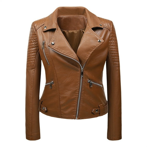 AOOCHASLIY Women Coat Clothes Women's Long Sleeve Leather Standing Collar Slim Fitting Motorcycle Jacket Leather Jacket