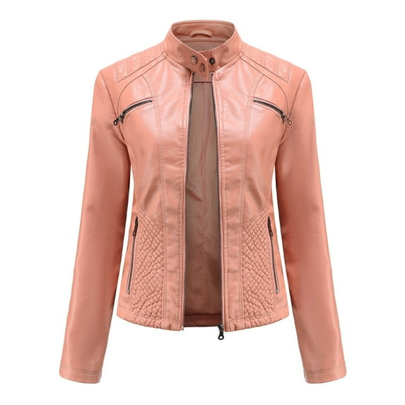 AOOCHASLIY Women Coat Clearance Women's Long Sleeve Leather Standing Collar Slim Fitting Motorcycle Jacket Leather Jacket