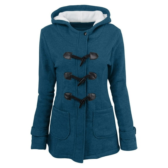 AOOCHASLIY Women Coat Women Color Horn Buttons Cardigan Padded Hooded Coat Jacket Overcoat