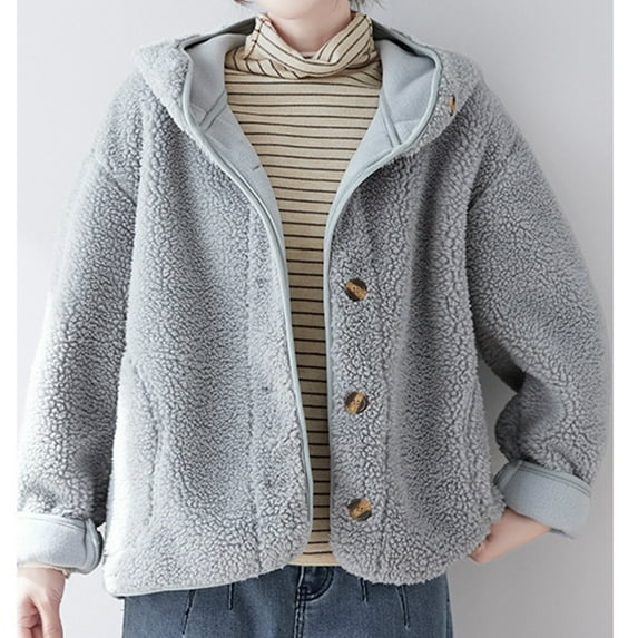 AOOCHASLIY Women Coat Women Long Sleeved with Pockets Windproof and Warm Long Plush Hooded Short Jacket