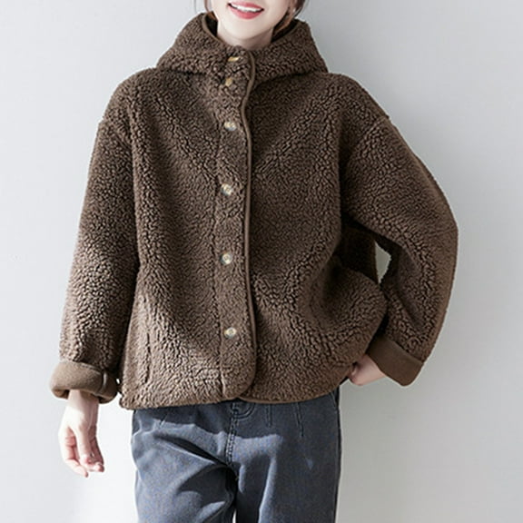 AOOCHASLIY Women Coat Women Long Sleeved with Pockets Windproof and Warm Long Plush Hooded Short Jacket