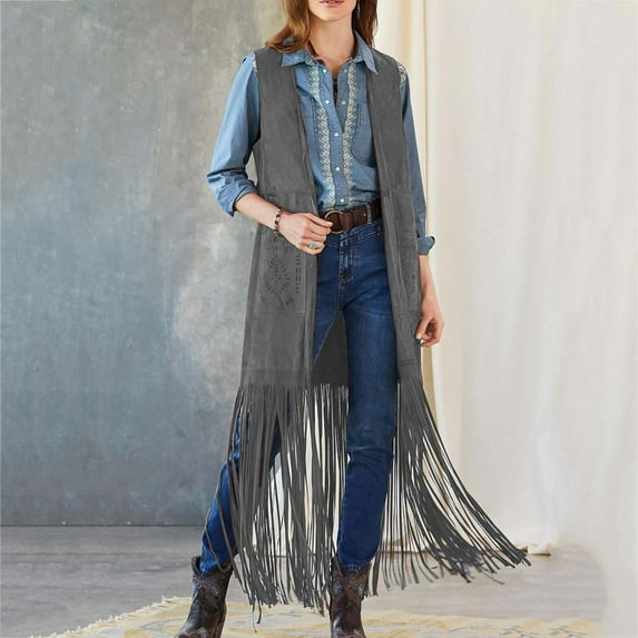 AOOCHASLIY Women Coat Women's Solid Color Fashion Tassel Horse Jacket Slim Sleeveless Tank Top Shawl Coat