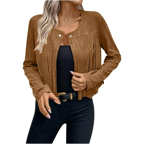AOOCHASLIY Women Coat Women's Temperament Leather Velvet Tassel Trim Button Placket Jacket Solid Color Long Sleeved Tassel Jacket Cardigan