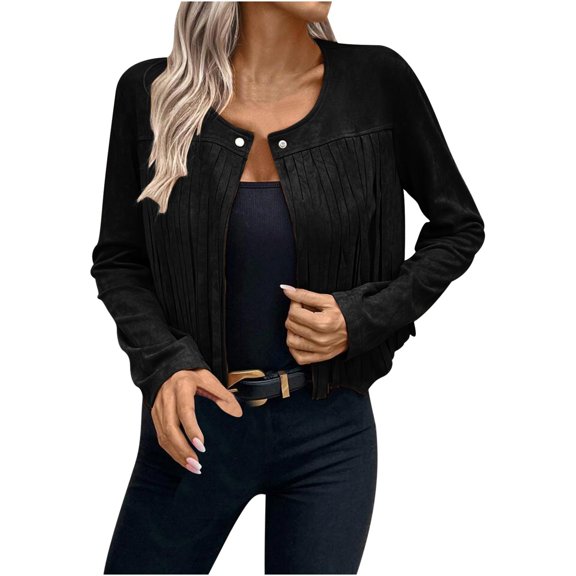 AOOCHASLIY Women Coat Women's Temperament Leather Velvet Tassel Trim Button Placket Jacket Solid Color Long Sleeved Tassel Jacket Cardigan