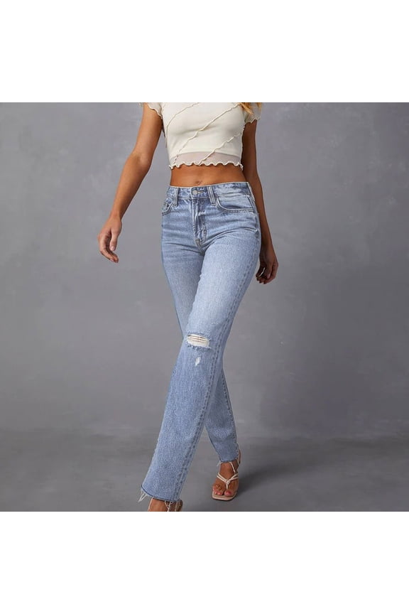 Women Fall Pants Clothes Women's European American Women's 2023 New Washed High Waisted Elastic Waistband Edges Straight Leg