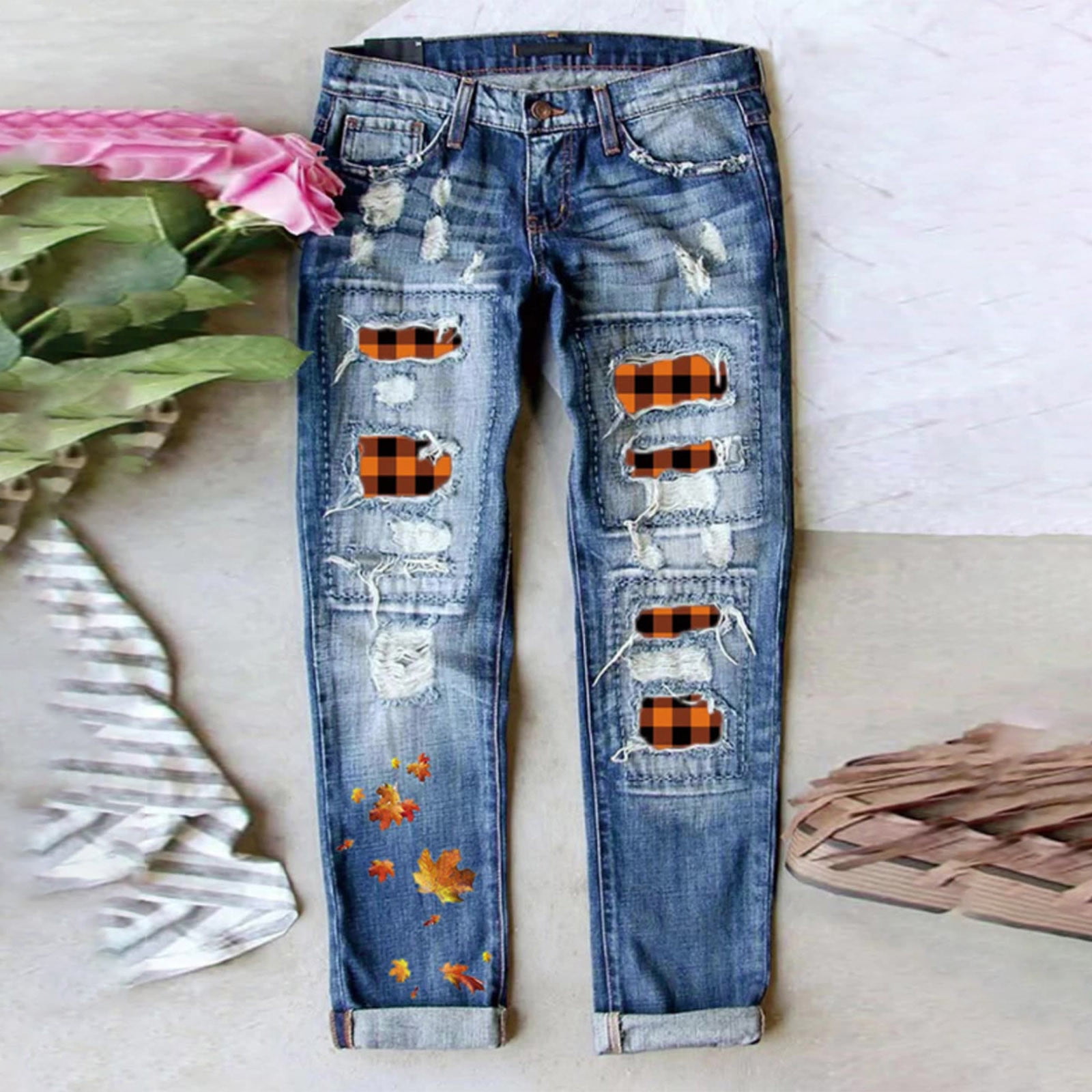 Women's Check Print Button Embellished High-waist Slim-fit Knit Pants