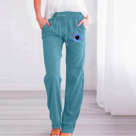 AOOCHASLIY Women Fall Pants Fashion Womens Casual Printing Elastic Loose Pants Straight Wide Leg Trousers Pants
