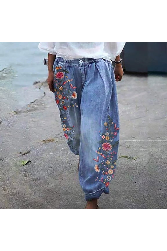 Women Fall Pants Fashion Womens Casual Printing Loose Pants Straight Wide Leg Trousers Pants