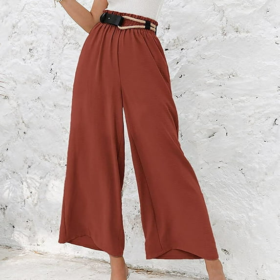 AOOCHASLIY Women Fall Pants Women Casual Solid Cotton Linen Drawstring Elastic Waist Long Wide Leg Pants