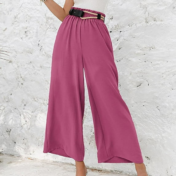 AOOCHASLIY Women Fall Pants Women Casual Solid Cotton Linen Drawstring Elastic Waist Long Wide Leg Pants