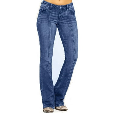 AOOCHASLIY Women Fall Pants Women Mid Waisted Jeans Embroidery Stretch Button Flare Jeans Pants