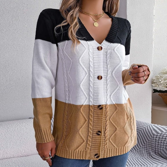 AOOCHASLIY Women Fall Tops Clothes Womens Fashion Contrast Button Long Sleeve Sweater Coat