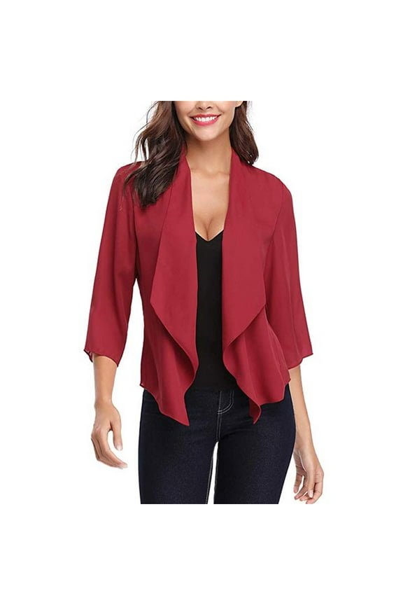 Women Fall Tops Clothes Womens Open Front Light Cardigan 3/4 Sleeve Thin Chiffon Blazer
