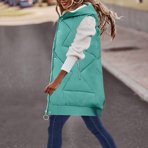 AOOCHASLIY Women Fall Tops Clothes Womens Warm Pocket Hooded Coat Long Jacket Winter Sleeveless Down Parkas