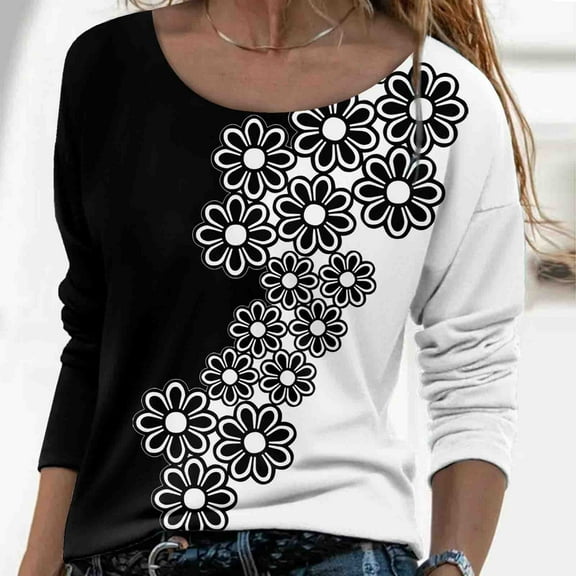 AOOCHASLIY Women Fall Tops Fashion Women Casual Printing Round Neck Long Sleeve Loose T-Shirt Blouse Pullover Tops