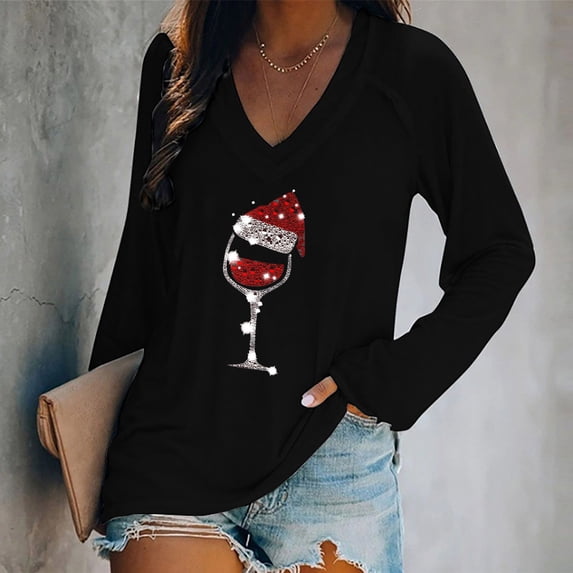 AOOCHASLIY Women Fall Tops Fashion Women Casual V Neck Christmas Printed Long-sleeved T-shirt