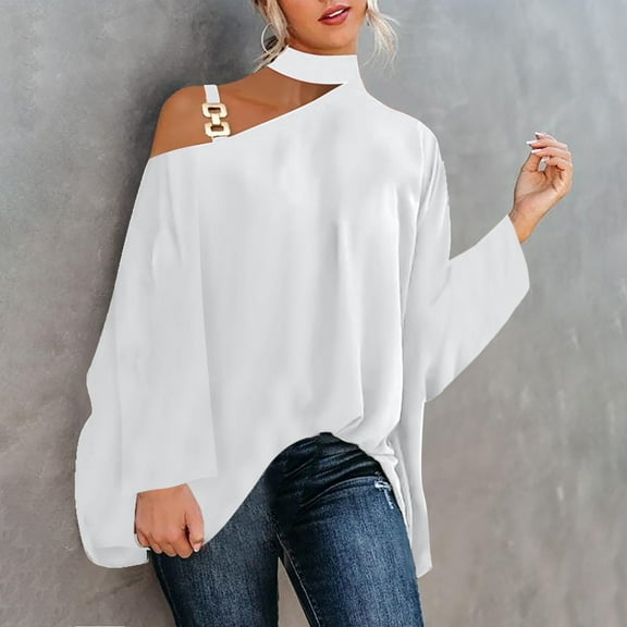 AOOCHASLIY Women Fall Tops Women Casual Shirt Long Sleeve Halter Neck Off Shoulder Solid Loose Polluer Blouse