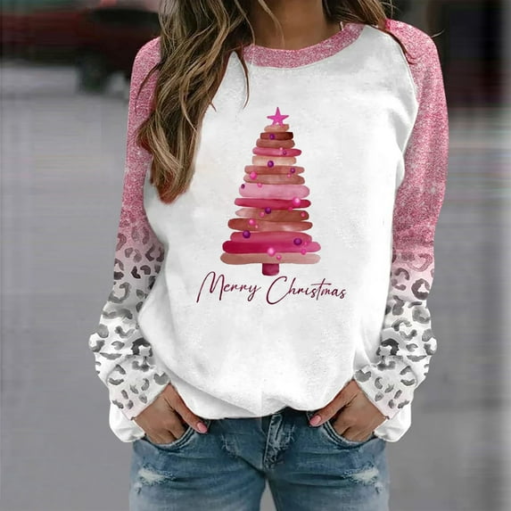 AOOCHASLIY Women Fall Tops Women's Christmas Printed Long Sleeves Blouse Round Neck Casual Tunic Tops
