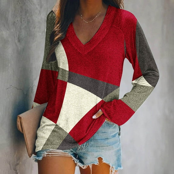AOOCHASLIY Women Fall Tops Women's Fashion Loose Long Sleeve Blouse V-Neck Casual Pullover Tops Blouses