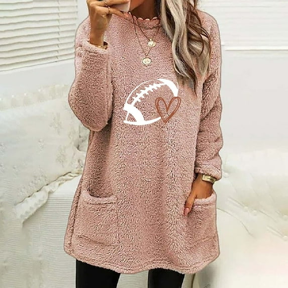 AOOCHASLIY Women Fall Tops Women's Round Neck Winter Loose Print Pocket Warm Long Sleeve Blouse Tops