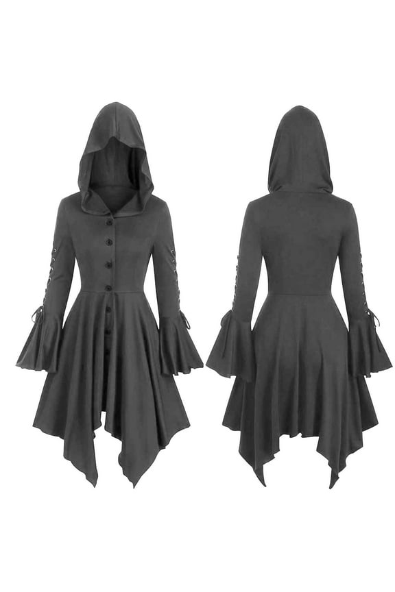 Women Fall Tops Womens Hooded Lace Sleeve Button Up Hanky Hem Skirted Gothic Coat Cloak