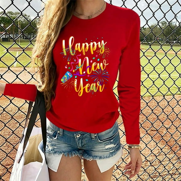 AOOCHASLIY Women Happy New Year Day Tops Party Fireworks Confetti Costume fun Long Sleeve Fashion T-Shirt