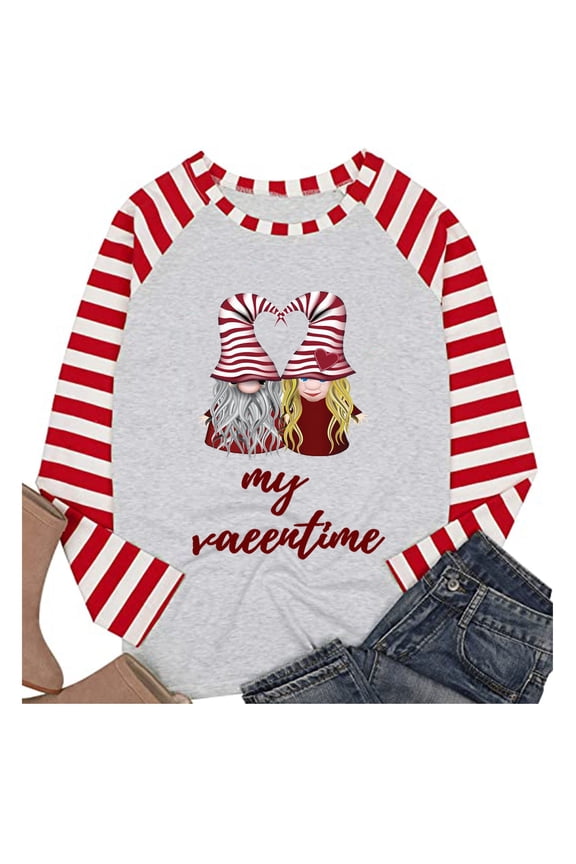 Women Heart Blouse Women Valentine's Day Printing Stripe Raglan Long Sleeve Shirts Blouse Tops