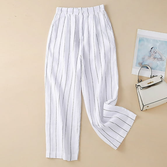 AOOCHASLIY Women High Waist Wide Leg Pants Vertical Stripe Loose Straight Cropped Cotton Linen Pants