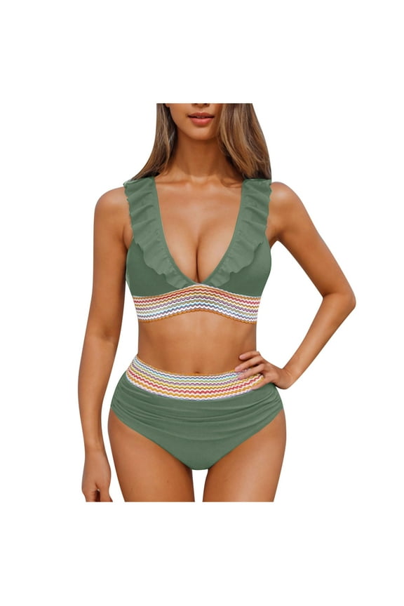 Women High Waisted Bikini Sets Tummy Control Swimsuits Color Block Two Piece Drawstring Bathing Suit