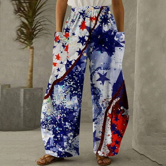 AOOCHASLIY Women Independence Day Pants Running Exercise Pants Women Casual Printing Pockets Elastic Mid-Waist Comfortable Wide-Legged Loose Pants