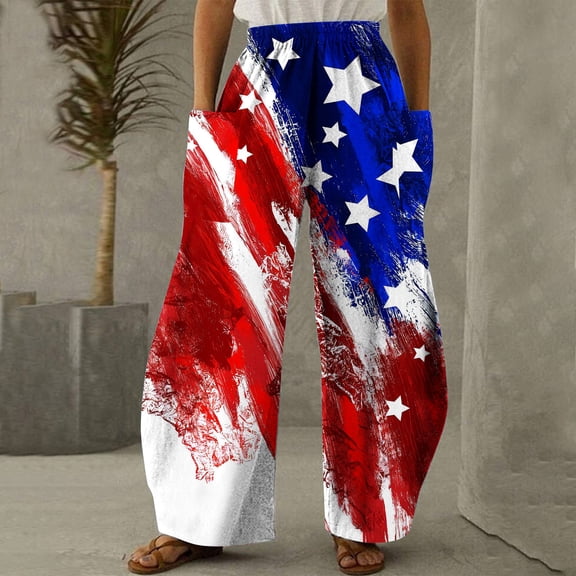 AOOCHASLIY Women Independence Day Pants Running Exercise Pants Women Casual Printing Pockets Elastic Mid-Waist Comfortable Wide-Legged Loose Pants