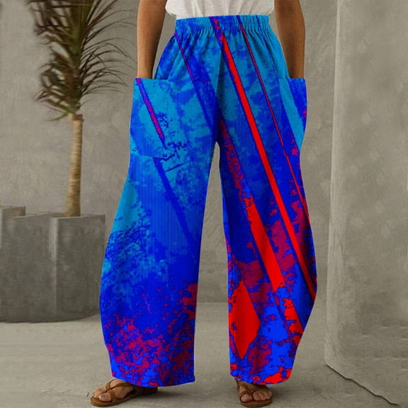 AOOCHASLIY Women Independence Day Pants Running Exercise Pants Women Casual Printing Pockets Elastic Mid-Waist Comfortable Wide-Legged Loose Pants