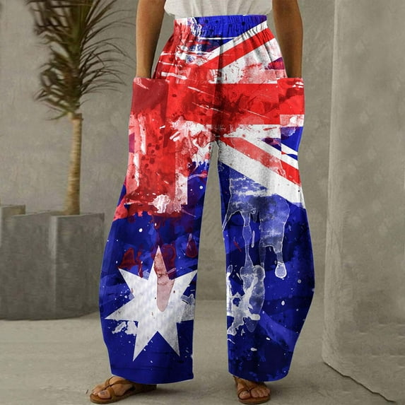 AOOCHASLIY Women Independence Day Pants Running Exercise Pants Women Casual Printing Pockets Elastic Mid-Waist Comfortable Wide-Legged Loose Pants