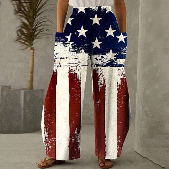 AOOCHASLIY Women Independence Day Pants Running Exercise Pants Women Casual Printing Pockets Elastic Mid-Waist Comfortable Wide-Legged Loose Pants