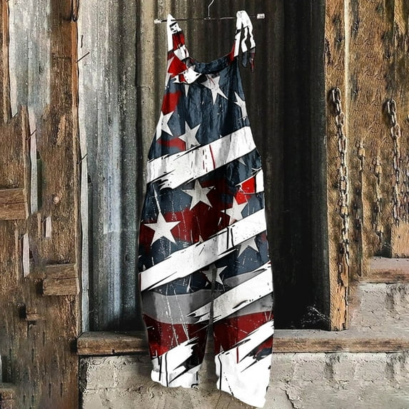 AOOCHASLIY Women Independence Day Pants Running Exercise Pants Women'S Print Sleeveless Pocket Strap Casual Overalls Romper