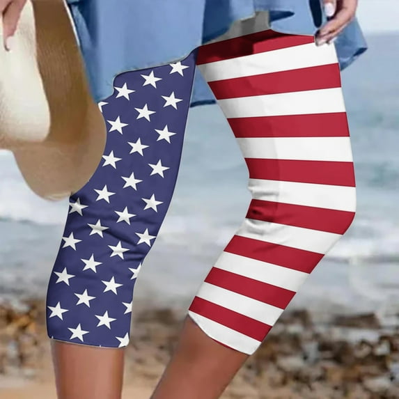 AOOCHASLIY Women Independence Day Pants Running Exercise Pants Women's Summer Casual Elastic Waist Printed Cropped Pants