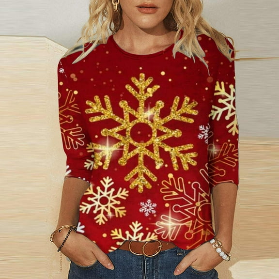 AOOCHASLIY Women Merry Christmas Tops Women's Fashion Printed T-shirt 3/4 Sleeves Blouse Round Neck Casual Tops