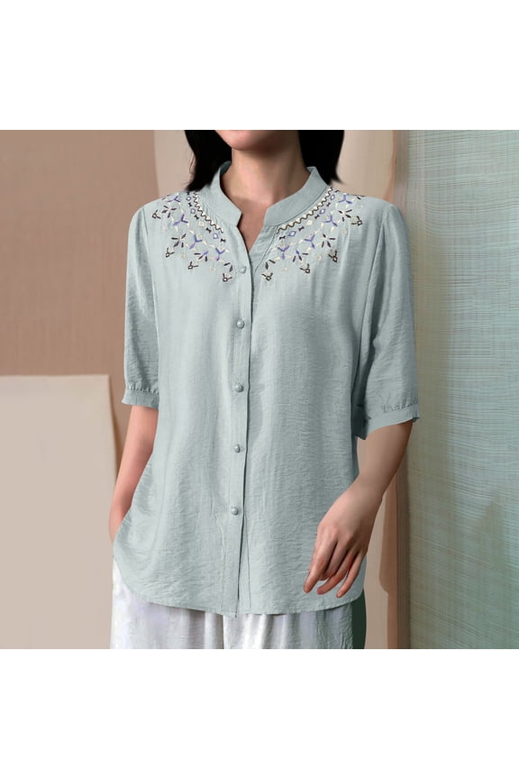 Women Mid - sleeved Tops Feature Stunning Collar Embroidery Discover Your New Favorite Blouse!