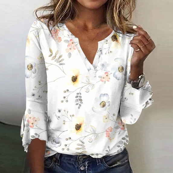 AOOCHASLIY Women New Tops Three-quarter Flared Sleeve V-neck Floral Printing Shirt